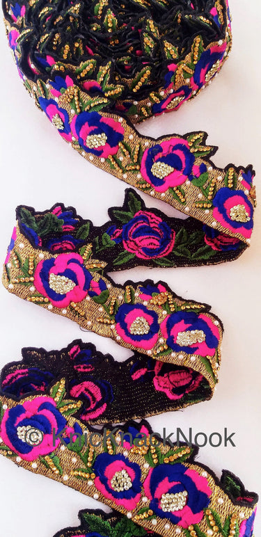 Floral Embroidered Fabric Trim In Gold, Black, Pink